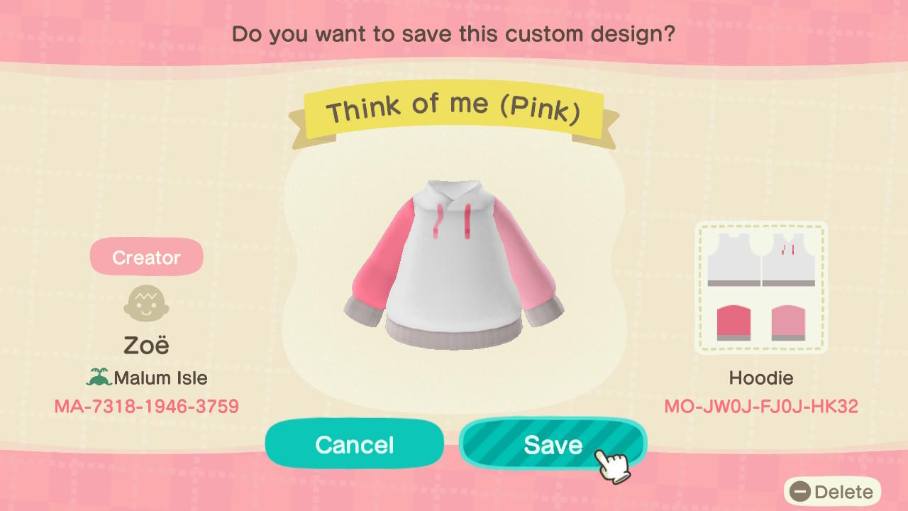 Animal Crossing Design Code: MO-JWOJ-FJOJ-HK32 Think of me (Pink)
