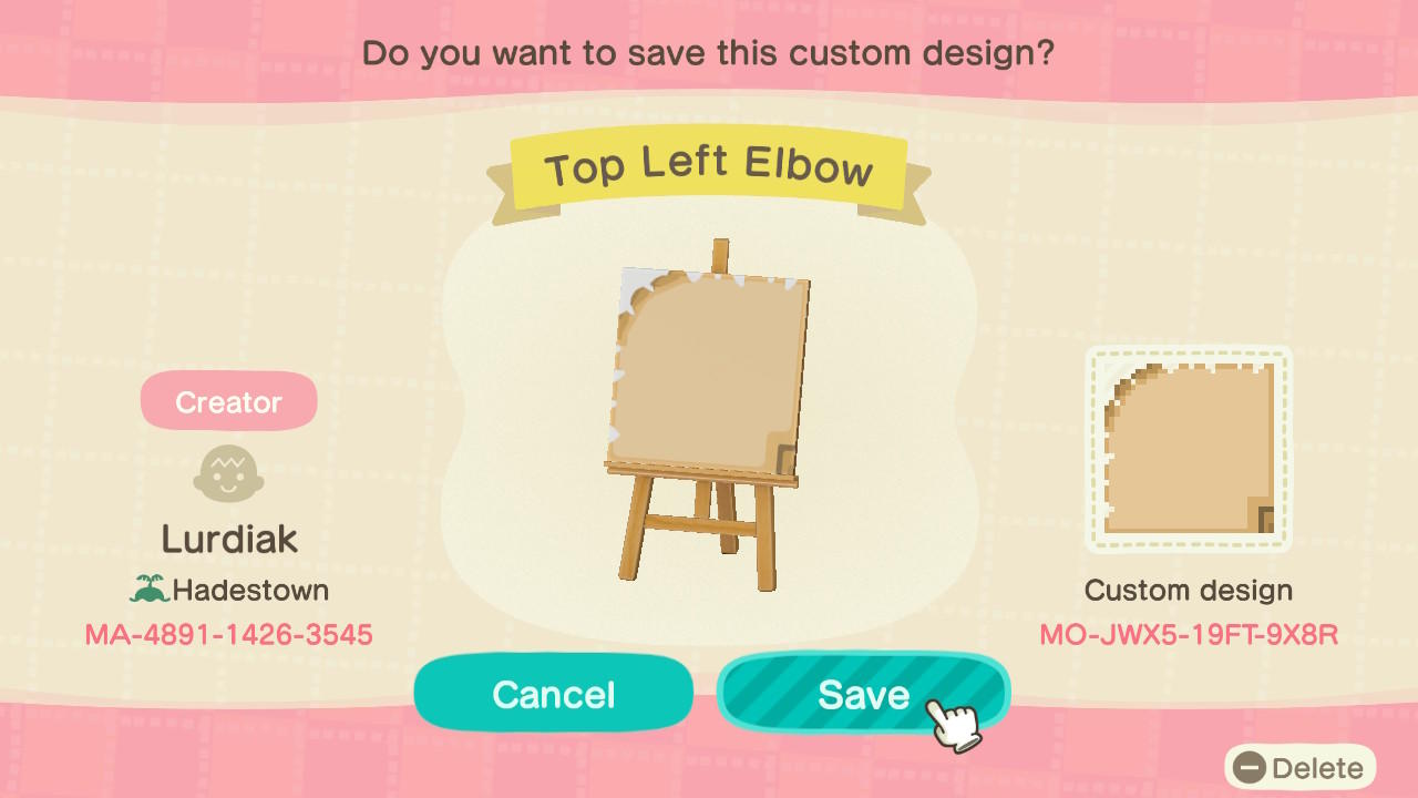 Animal Crossing Design Code: MO-JWX5-19FT-9X8R Top Left Elbow