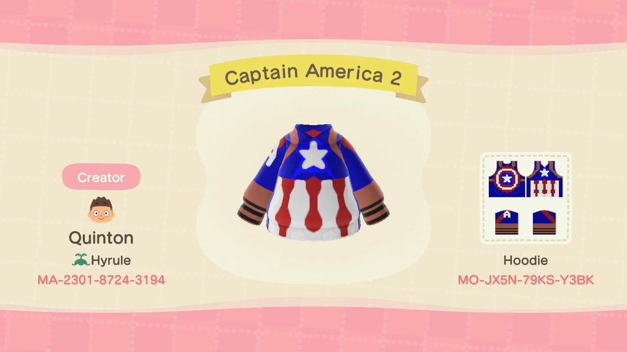 Animal Crossing Design Code: MO-JX5N-79KS-Y3BK Captain America w/ S
