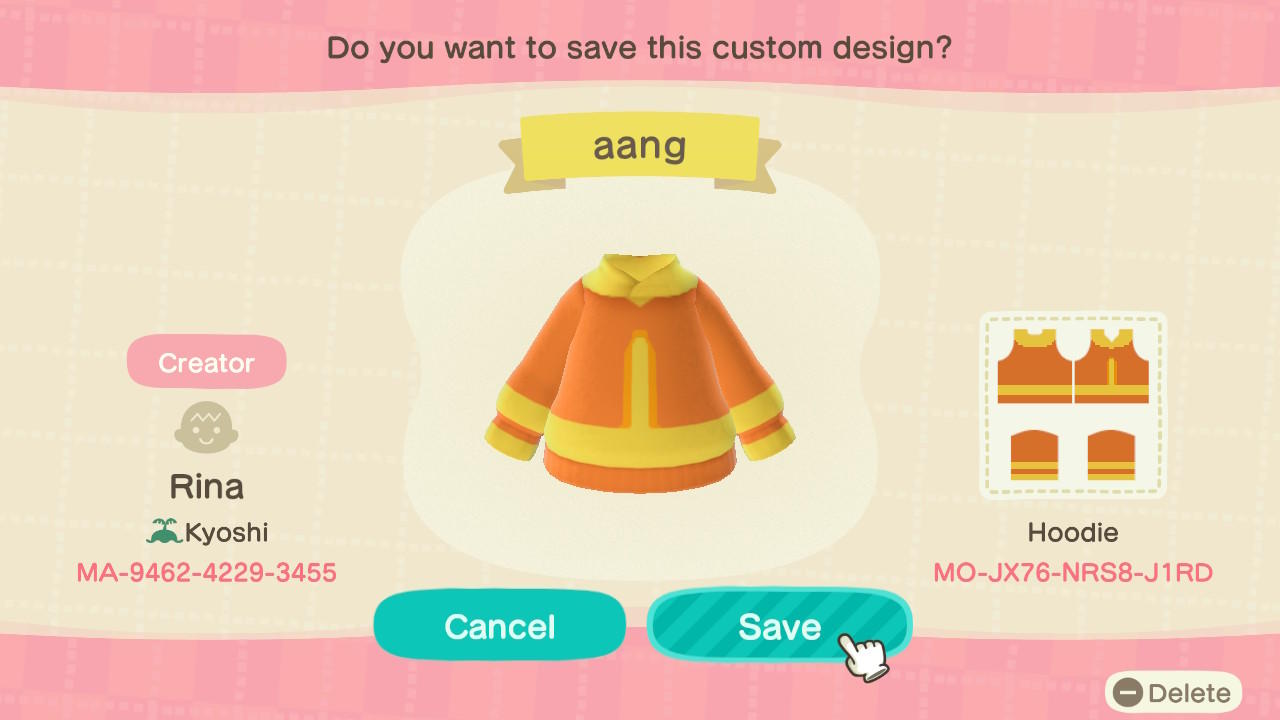 Animal Crossing Design Code: MO-JX76-NRS8-J1RD Aang