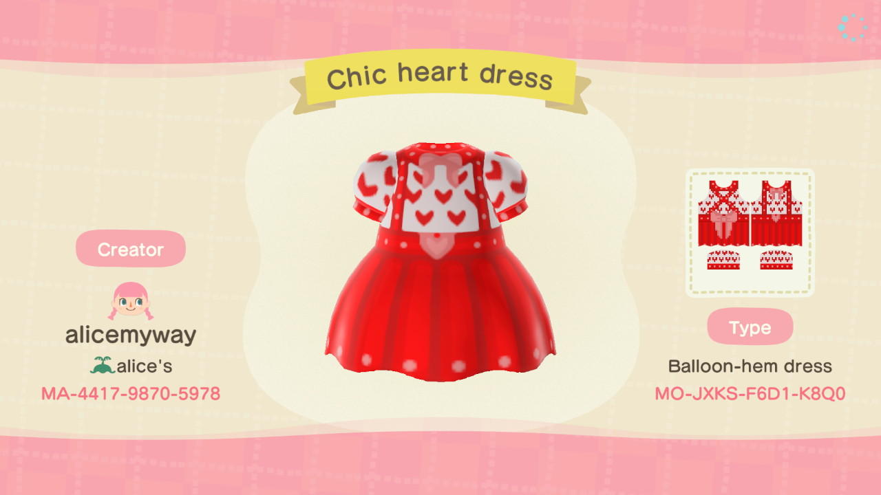 Animal Crossing Design Code: MO-JXKS-F6D1-K8Q0 Chic Heart Dress