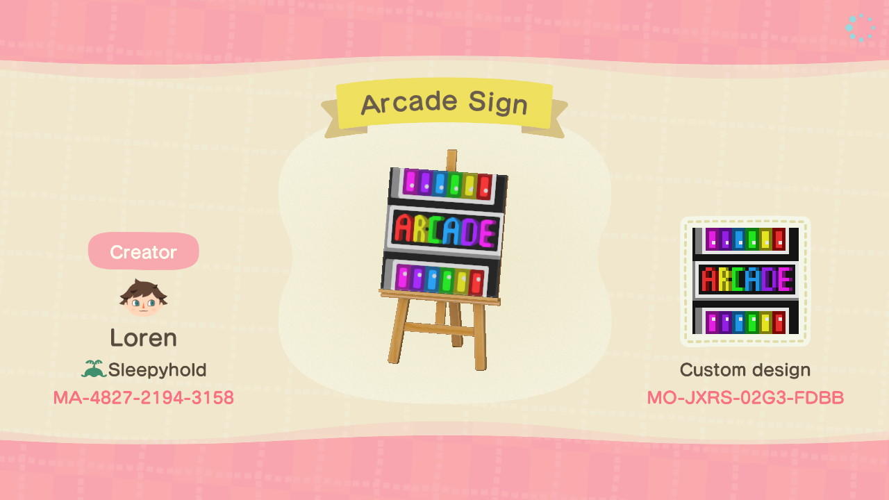 Animal Crossing Design Code: MO-JXRS-02G3-FDBB Arcade Sign