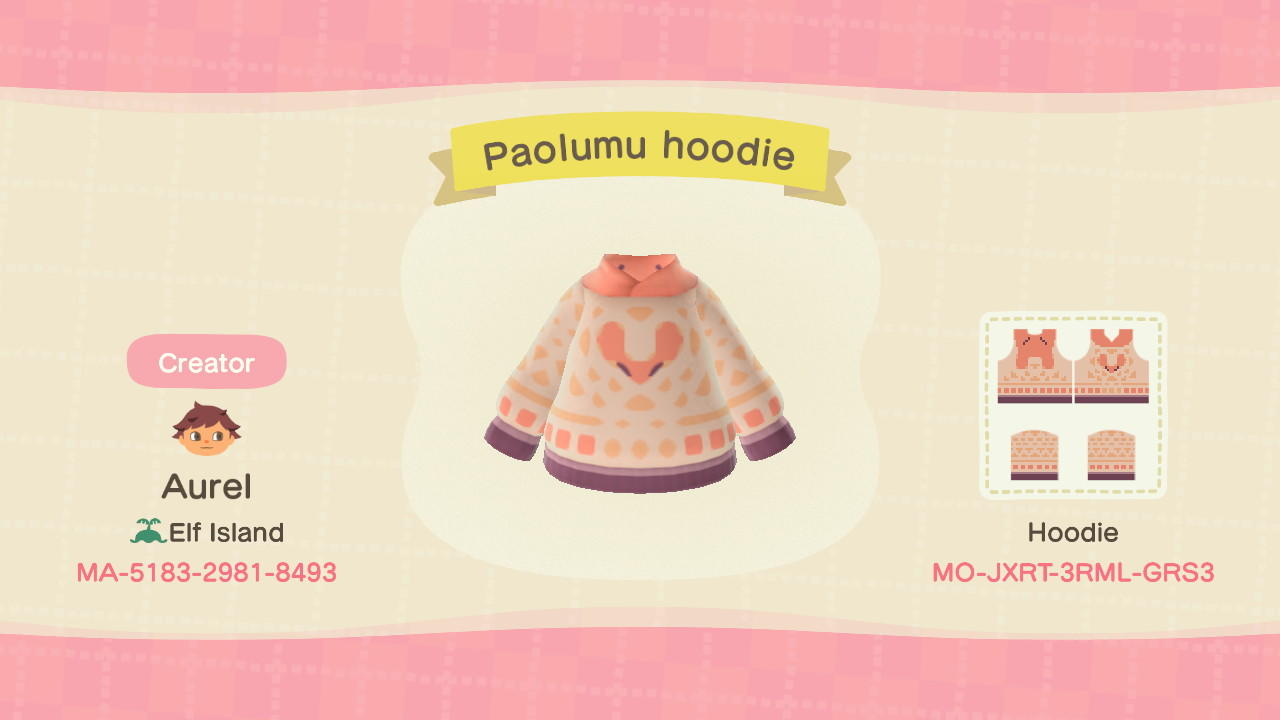 Animal Crossing Design Code: MO-JXRT-3RML-GRS3 Paolumu hoodie