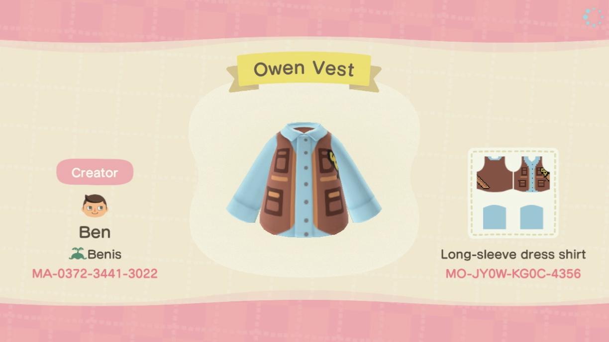 Animal Crossing Design Code: MO-JY0W-KG0C-4356 Owen Grady Vest