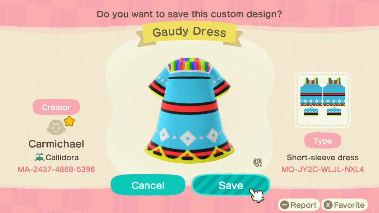 Animal Crossing Design Code: MO-JY2C-WLJL-NXL4 Gaudy Dress