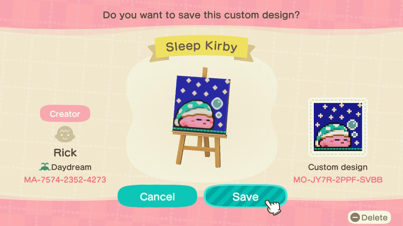 Animal Crossing Design Code: MO-JY7R-2PPF-SVBB Sleep Kirby