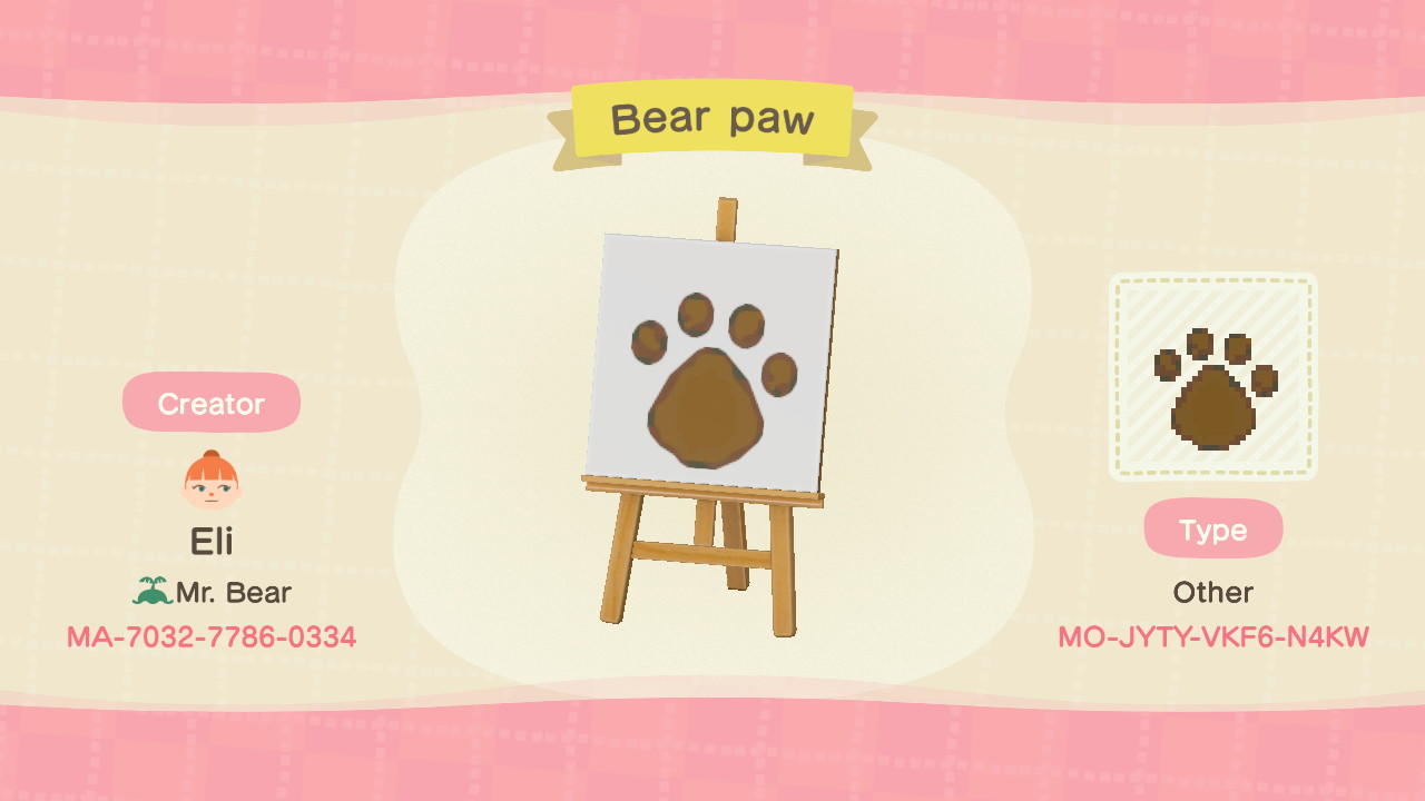 Animal Crossing Design Code: MO-JYTY-VKF6-N4KW Bear paw