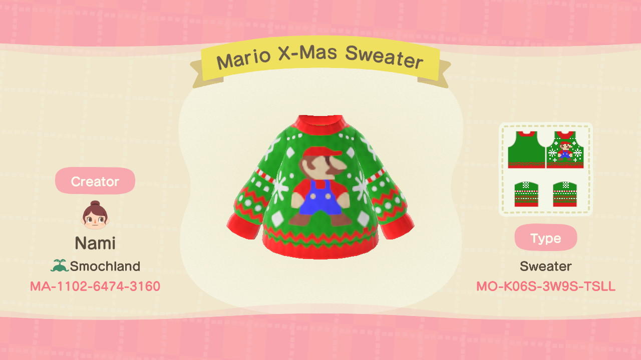 Animal Crossing Design Code: MO-K06S-3W9S-TSLL Mario X-Mas Sweater