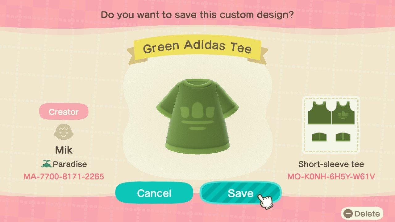 Animal Crossing Design Code: MO-K0NH-6H5Y-W61V Green Adidas Tee