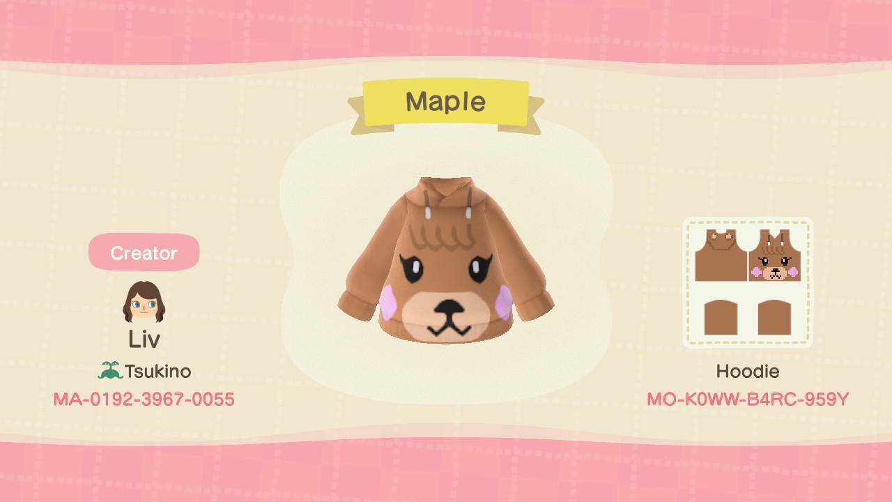Animal Crossing Design Code: MO-K0WW-B4RC-959Y Maple Hoodie