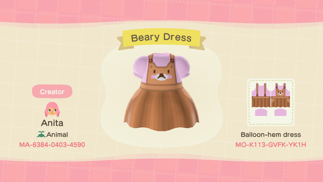 Animal Crossing Design Code: MO-K113-GVFK-YK1H Beary Dress