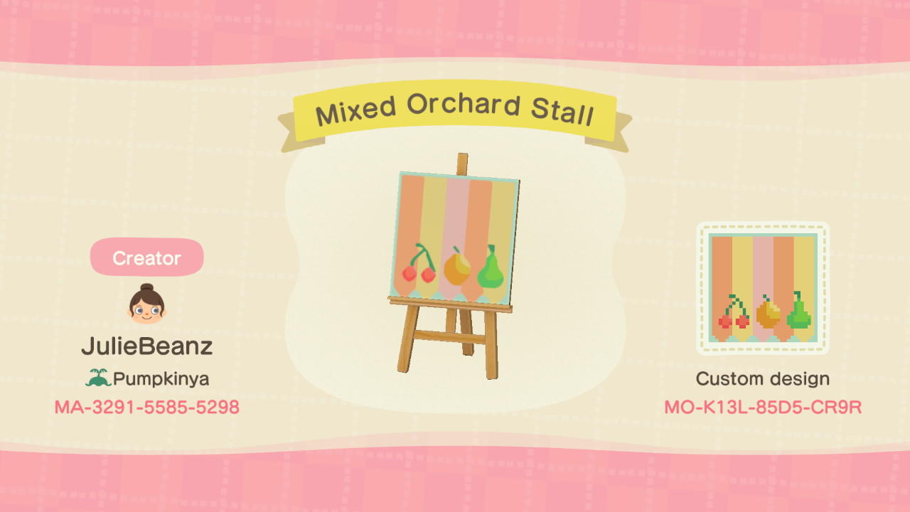Animal Crossing Design Code: MO-K13L-85D5-CR9R Mixed Orchard Stall