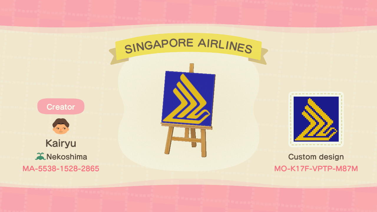 Animal Crossing Design Code: MO-K17F-VPTP-M87M Singapore Airlines