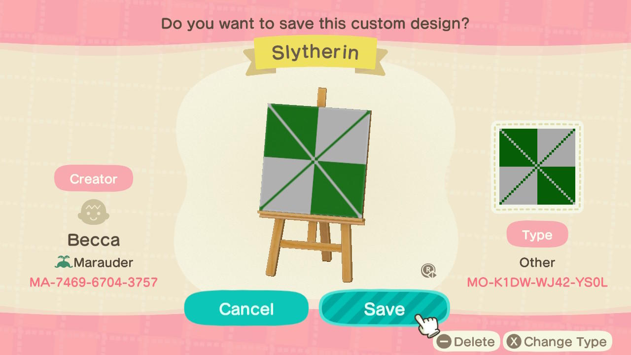 Animal Crossing Design Code: MO-K1DW-WJ42-YS0L Slytherin