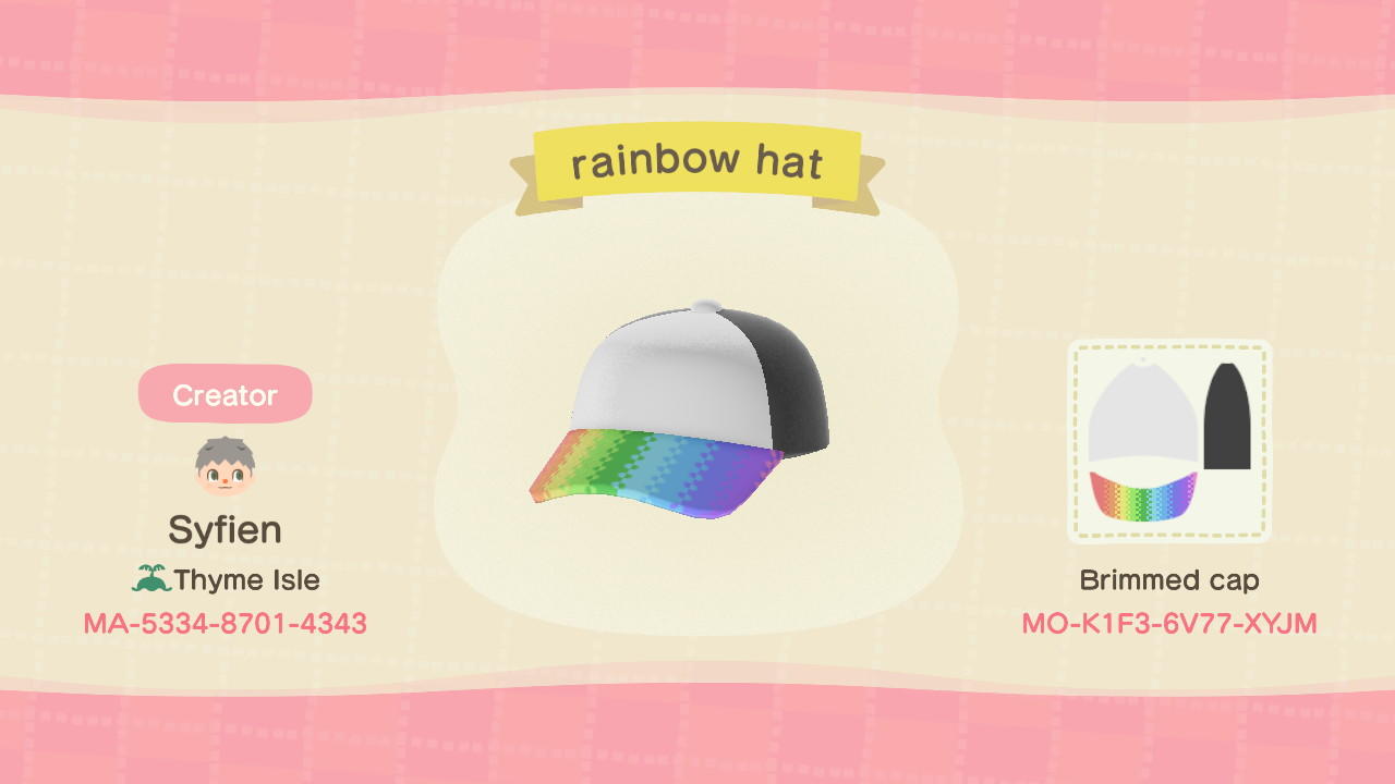 Animal Crossing Design Code: MO-K1F3-6V77-XYJM Rainbow Hat