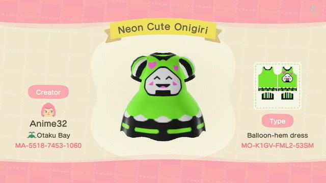 Animal Crossing Design Code: MO-K1GV-FML2-53SM Neon Cute Onigiri