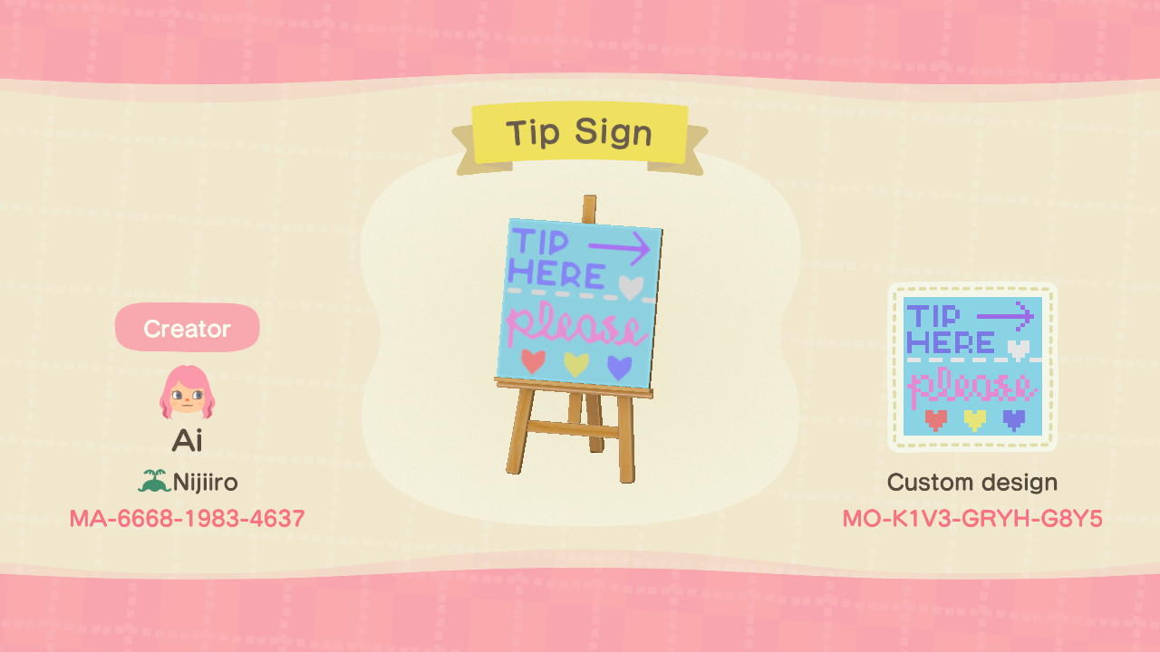 Animal Crossing Design Code: MO-K1V3-GRYH-G8Y5 Tip Here Please Sign