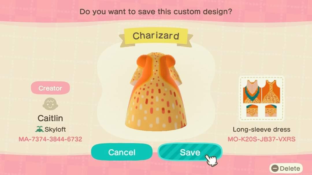 Animal Crossing Design Code: MO-K20S-JB37-VXRS Charizard