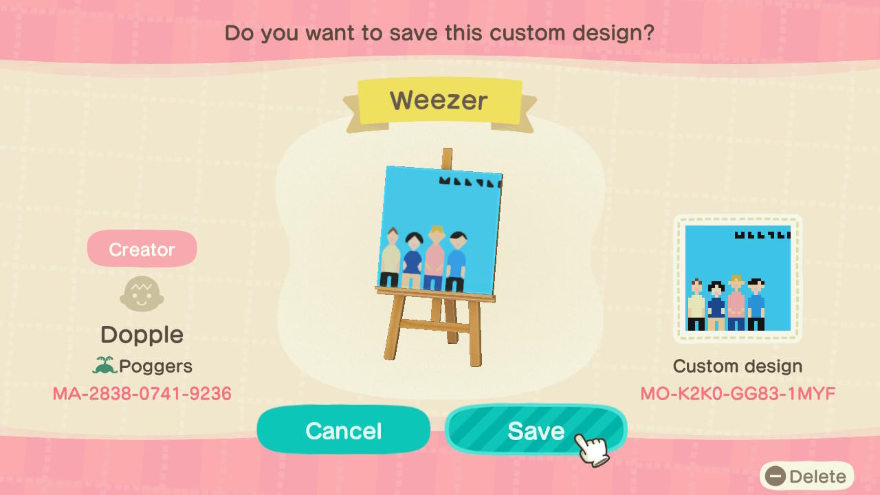Animal Crossing Design Code: MO-K2K0-GG83-1MYF Weezer