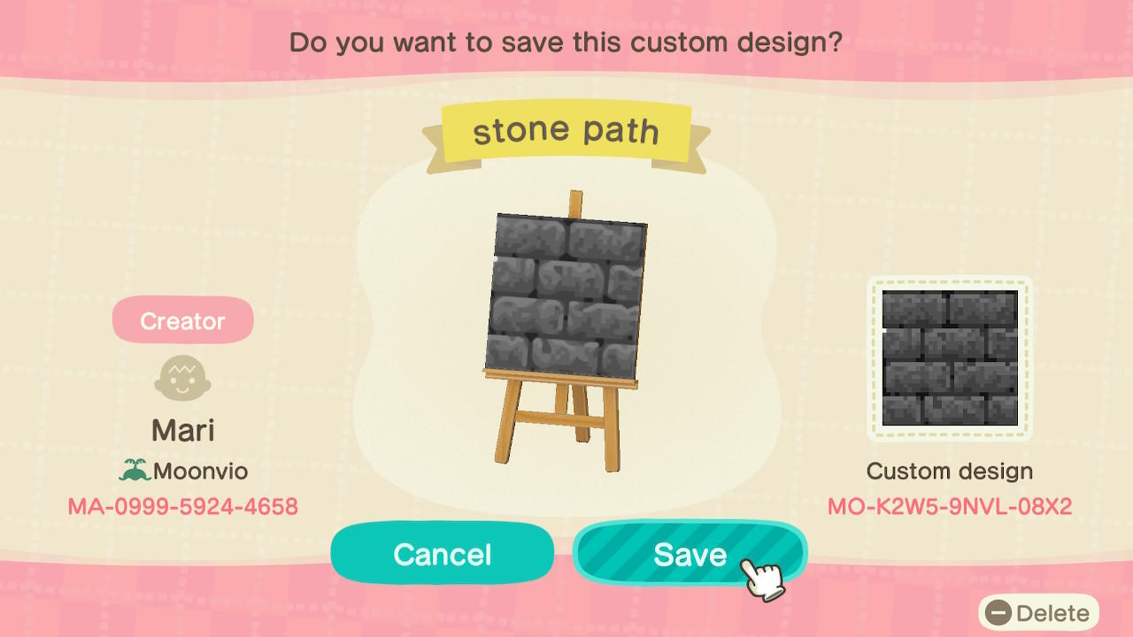 Animal Crossing Design Code: MO-K2W5-9NVL-08X2 stone path