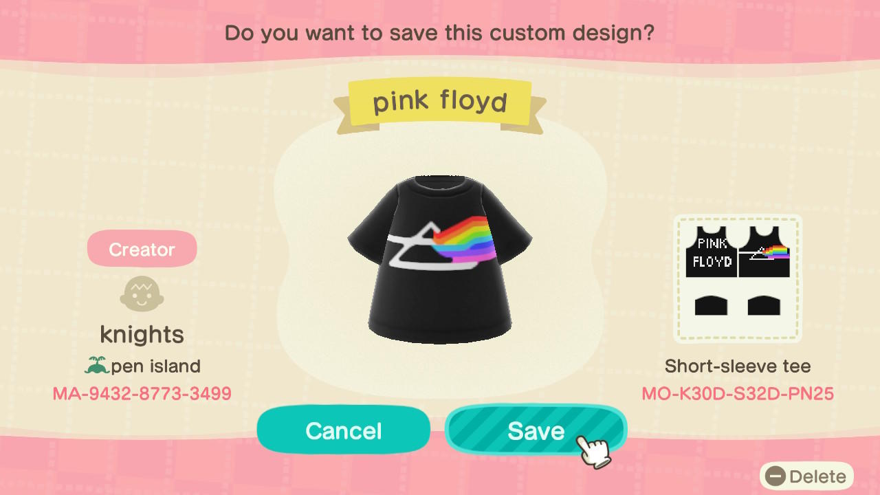 Animal Crossing Design Code: MO-K30D-S32D-PN25 PINK FLOYD