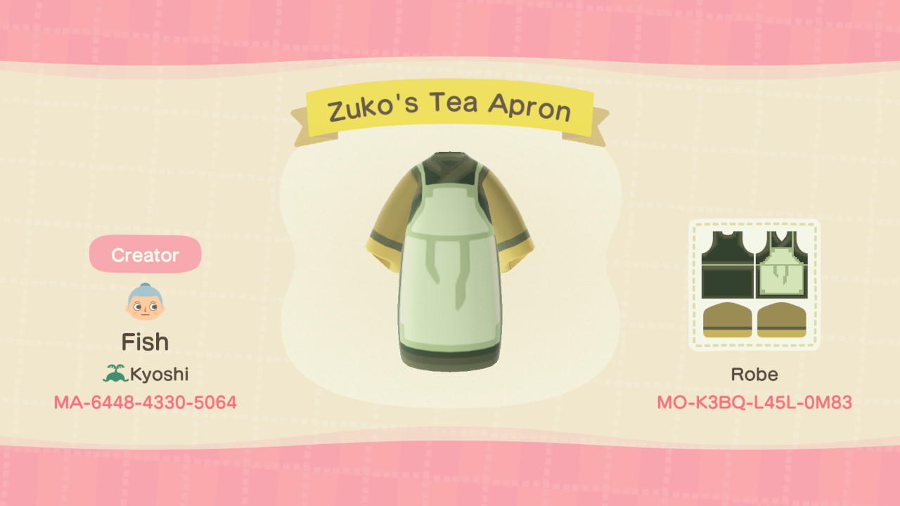 Animal Crossing Design Code: MO-K3BQ-L45L-0M83 Zuko&#39;s Tea Apron