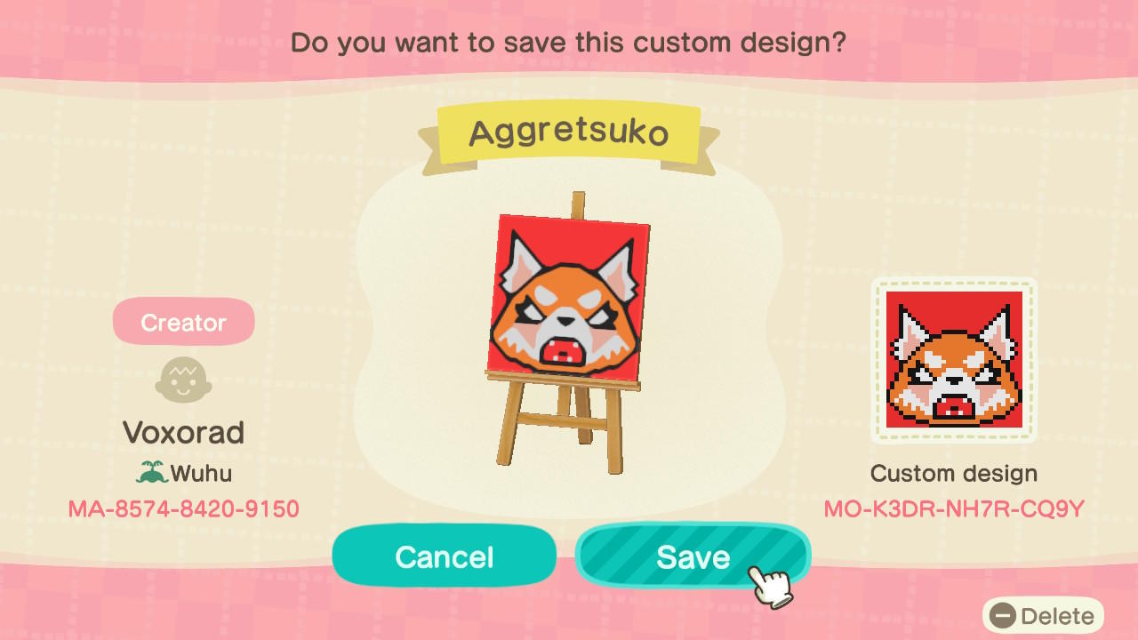 Animal Crossing Design Code: MO-K3DR-NH7R-CQ9Y Aggretsuko