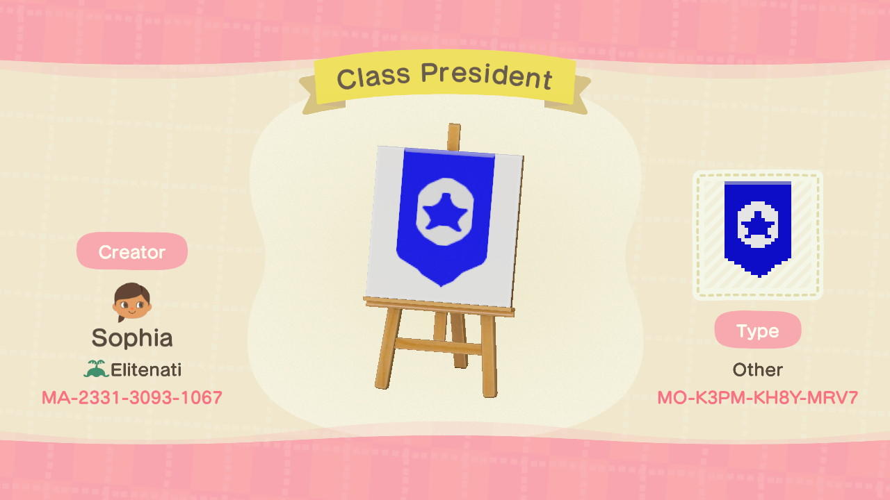 Animal Crossing Design Code: MO-K3PM-KH8Y-MRV7 Class President