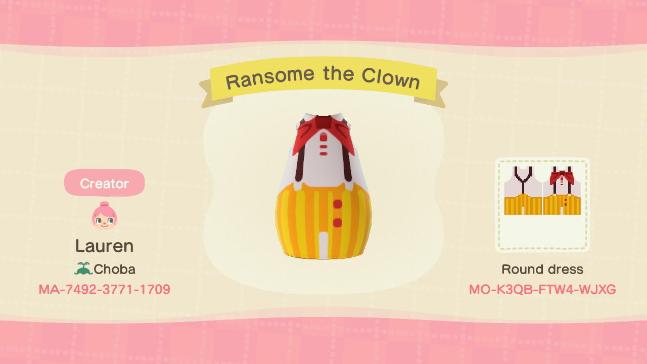 Animal Crossing Design Code: MO-K3QB-FTW4-WJXG Ransome the Clown