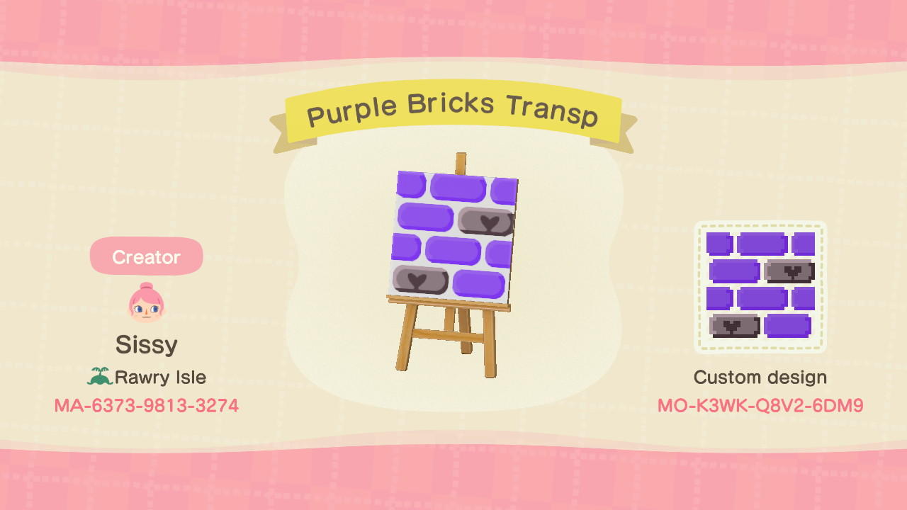 Animal Crossing Design Code: MO-K3WK-Q8V2-6DM9 Purple Bricks Transp
