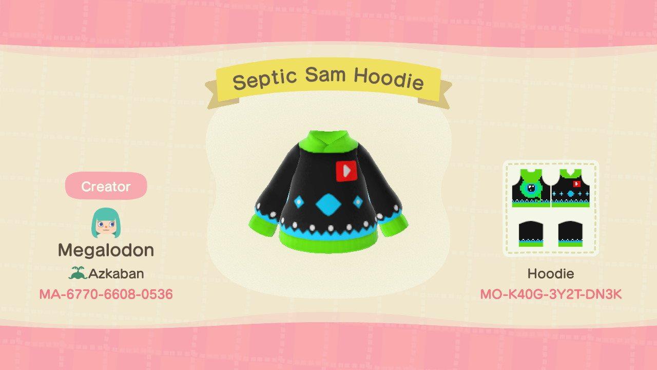 Animal Crossing Design Code: MO-K40G-3Y2T-DN3K Septic Sam Hoodie
