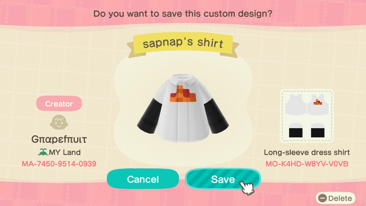 Animal Crossing Design Code: MO-K4HD-W8YV-V0VB Sapnap's shirt