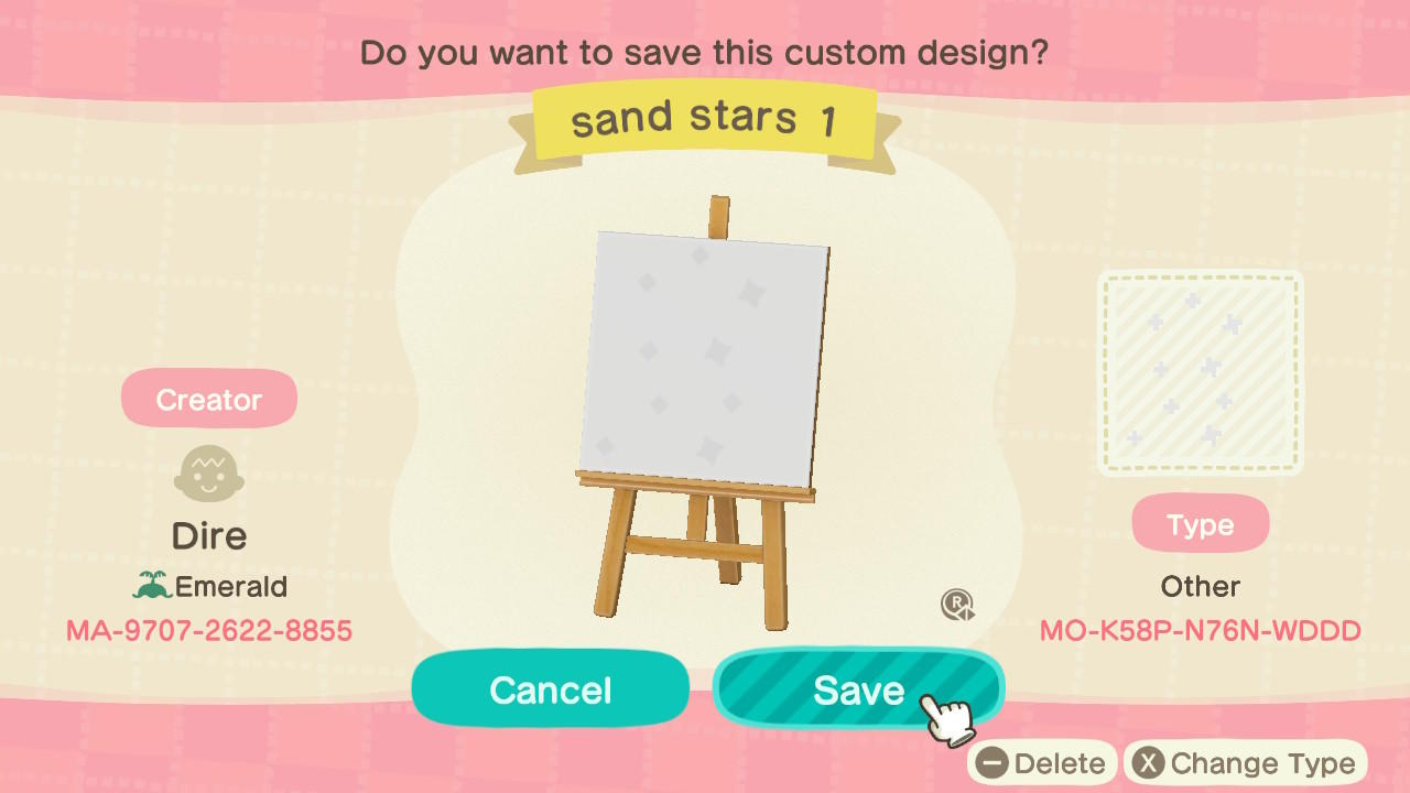 Animal Crossing Design Code: MO-K58P-N76N-WDDD Sand Stars 1