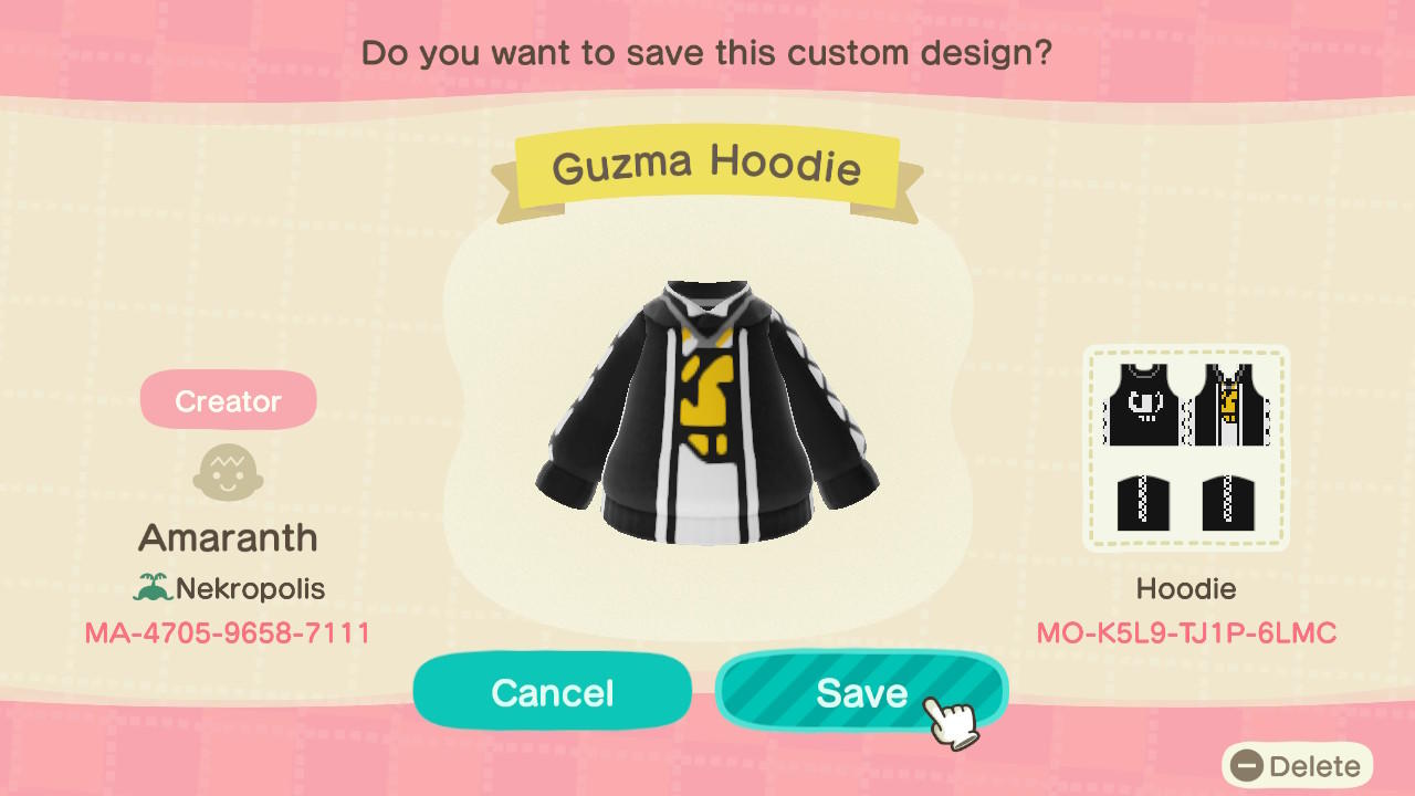 Animal Crossing Design Code: MO-K5L9-TJ1P-6LMC Guzma Hoodie
