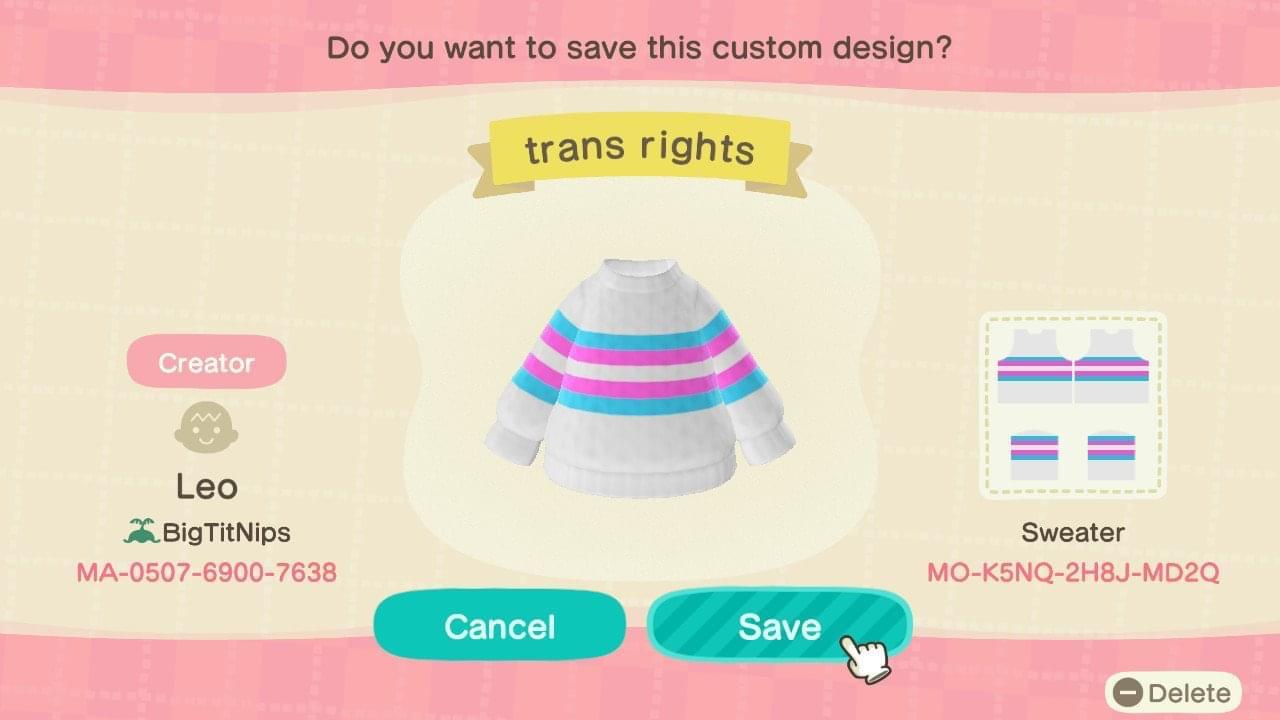 Animal Crossing Design Code: MO-K5NQ-2H8J-MD2Q Trans Rights