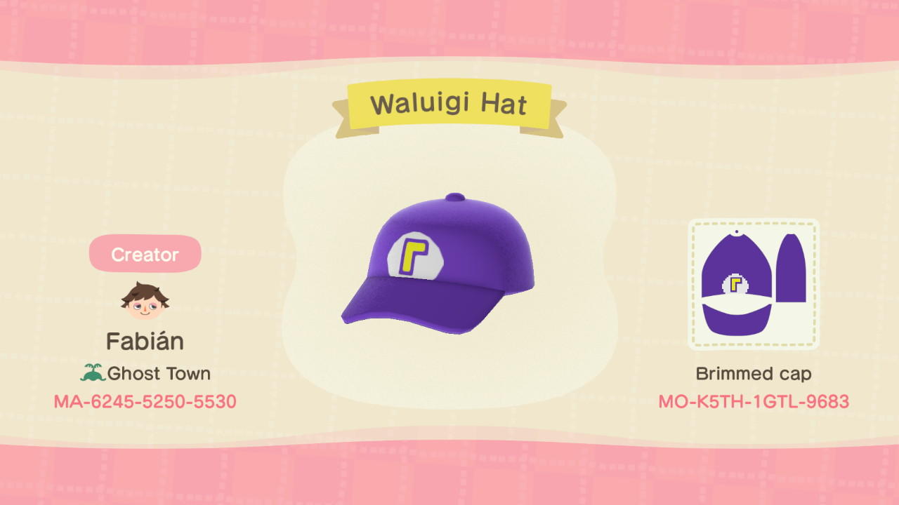 Animal Crossing Design Code: MO-K5TH-1GTL-9683 Waluigi Hat