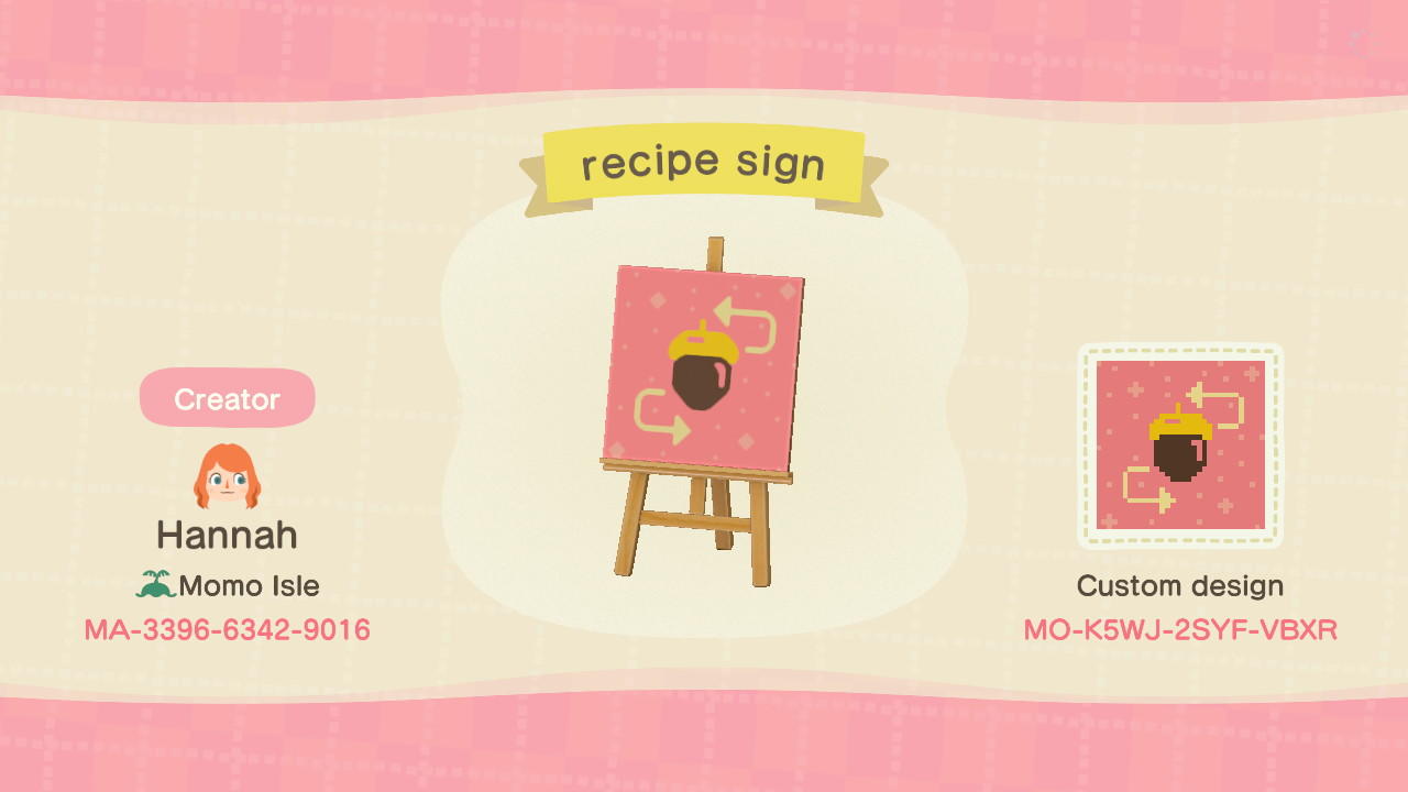 Animal Crossing Design Code: MO-K5WJ-2SYF-VBXR Recipe sign