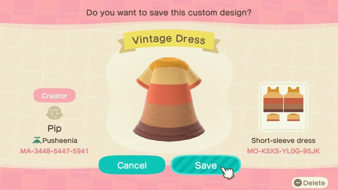 Animal Crossing Design Code: MO-K5XS-YL0G-95JK Vintage Dress