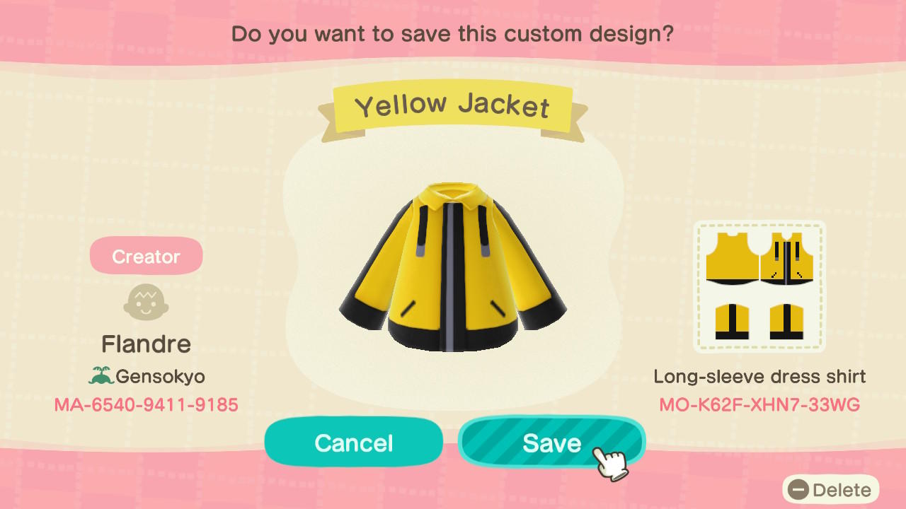 Animal Crossing Design Code: MO-K62F-XHN7-33WG Yellow Jacket