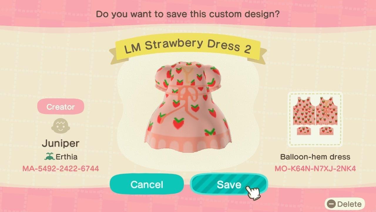 Animal Crossing Design Code: MO-K64N-N7XJ-2NK4 LM Strawberry Dress