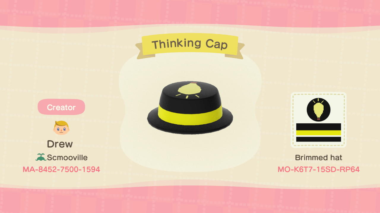 Animal Crossing Design Code: MO-K6T7-15SD-RP64 Thinking Cap