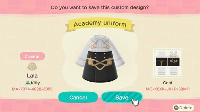 Animal Crossing Design Code: MO-K6XK-JK1P-39MR Academy Uniform FE3H