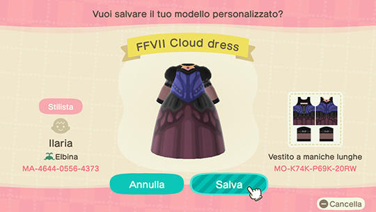 Animal Crossing Design Code: MO-K74K-P69K-20RW FFVII Cloud dress