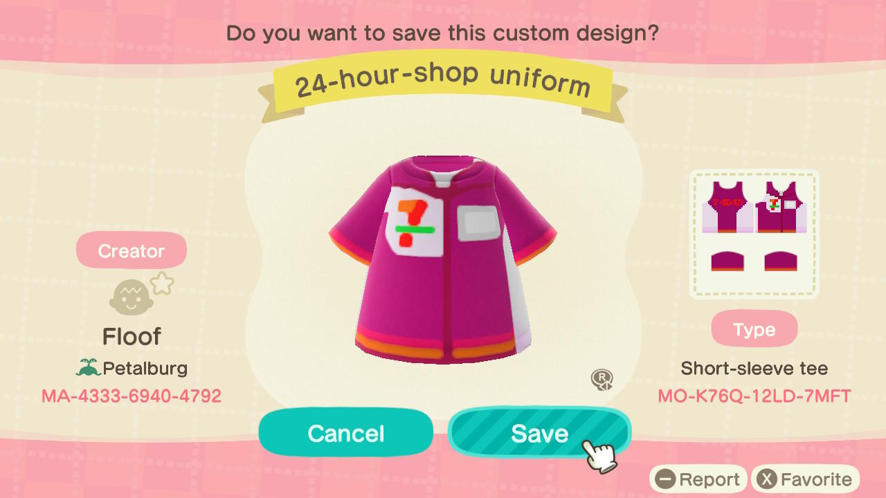 Animal Crossing Design Code: MO-K76Q-12LD-7MFT 24-Hour-Shop Uniform