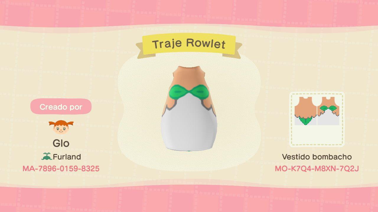 Animal Crossing Design Code: MO-K7Q4-M8XN-7Q2J Traje Rowlet