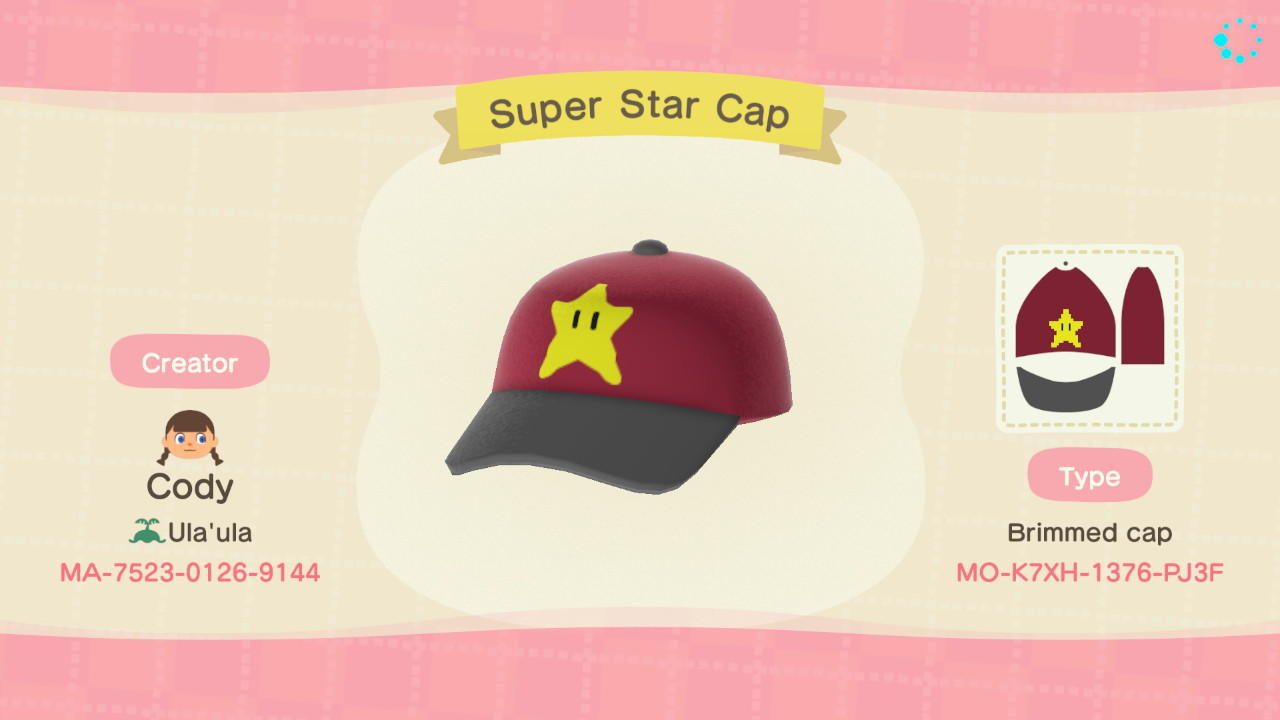 Animal Crossing Design Code: MO-K7XH-1376-PJ3F Super Star Cap