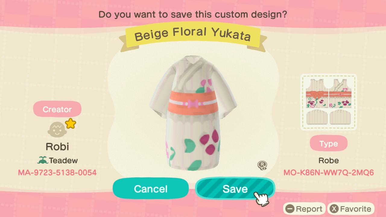 Animal Crossing Design Code: MO-K86N-WW7Q-2MQ6 Beige Floral Yukata