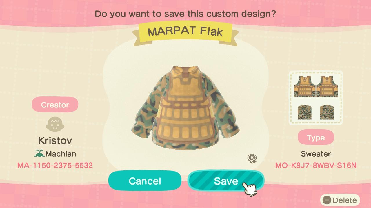 Animal Crossing Design Code: MO-K8J7-8WBV-S16N MARPAT Flak