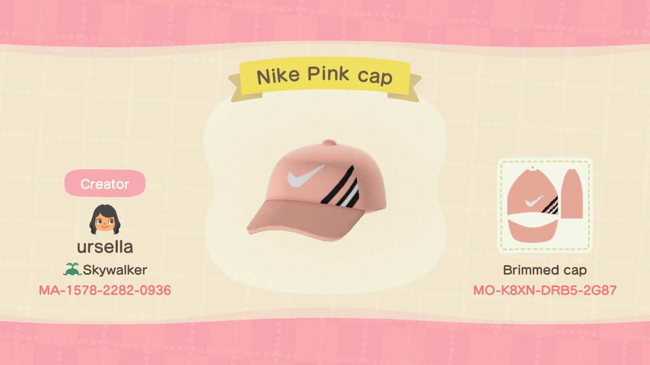 Animal Crossing Design Code: MO-K8XN-DRB5-2G87 Nike Pink cap
