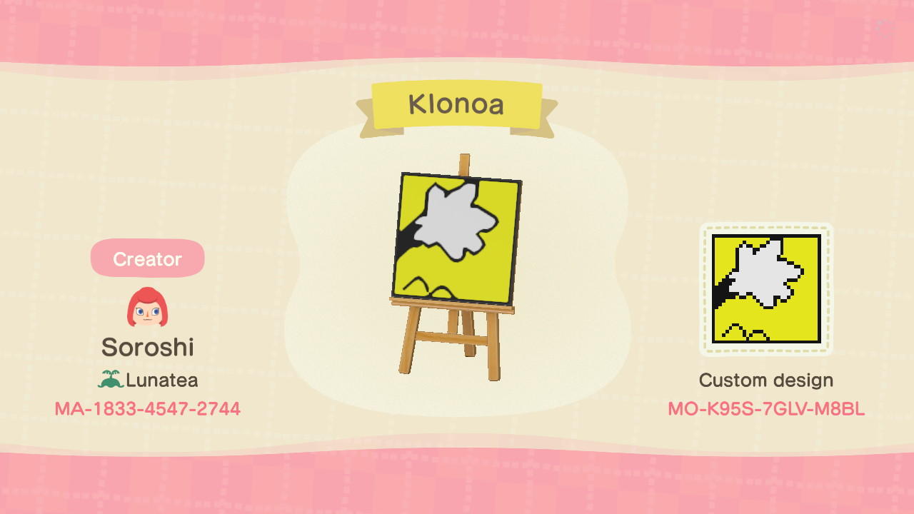 Animal Crossing Design Code: MO-K95S-7GLV-M8BL Klonoa Works Logo